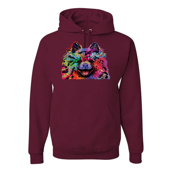 Cute and Colorful Pomeranian Dog Animal Lover Unisex Graphic Hoodie Sweatshirt, Maroon, Large