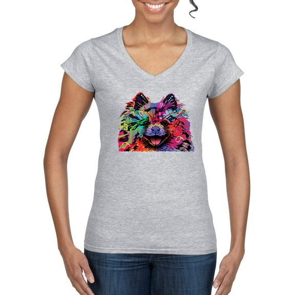 Colorful Rainbow Pomeranian Dog Animal Lover Women’s Standard V-Neck Tee, Heather Grey, 2XL