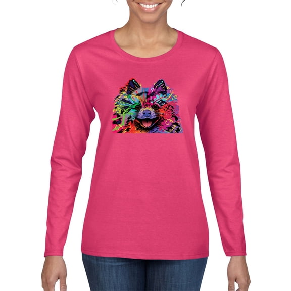 Cute and Colorful Pomeranian Dog Animal Lover Womens Graphic Long Sleeve T-Shirt, Fuschia, Medium