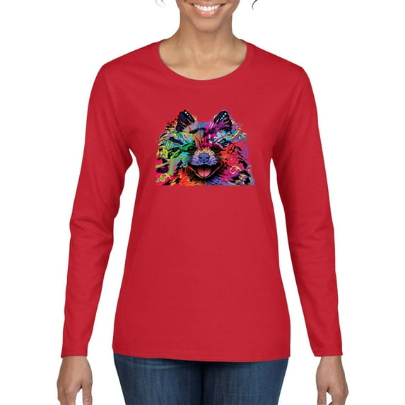 Cute and Colorful Pomeranian Dog Animal Lover Womens Graphic Long Sleeve T-Shirt, Red, Large
