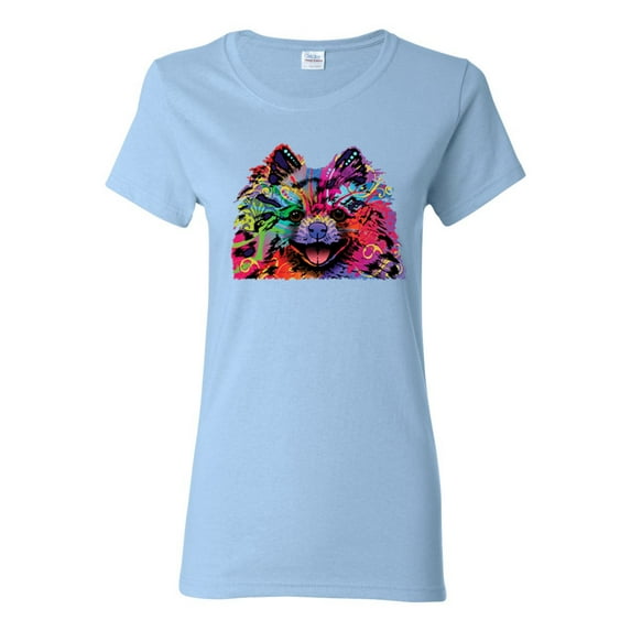 Colorful Rainbow Pomeranian Dog Animal Lover Womens Graphic T-Shirt, Light Blue, X-Large