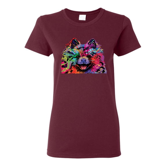 Colorful Rainbow Pomeranian Dog Animal Lover Womens Graphic T-Shirt, Maroon, X-Large