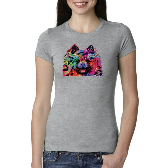 Cute and Colorful Pomeranian Dog Animal Lover Womens Slim Fit Junior Tee, Heather Grey, Large