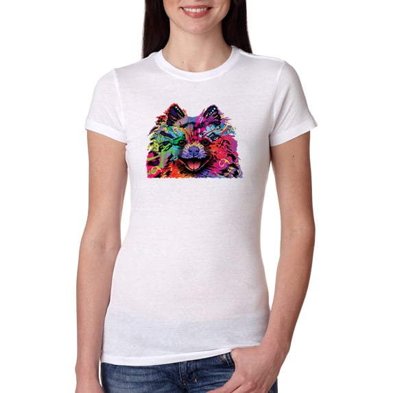 Colorful Rainbow Pomeranian Dog Animal Lover Womens Slim Fit Junior Tee, White, Medium