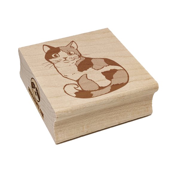 Cute and Curious Spotted Calico Cat Square Rubber Stamp Stamping Scrapbooking Crafting - Medium 1.75in