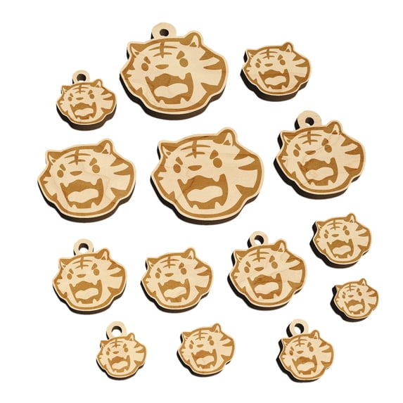 Cute and Fierce Tiger Head Wood Mini Charms Shapes DIY Craft Jewelry - With Hole - 30mm (6pcs)
