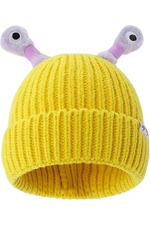Cute and Funny Knitted Beanie, Cartoon Glowing Little Monster Knit Hat with Eyes, Retractable Tentacles Beanie,The antennae will glow.1pcs-yellow