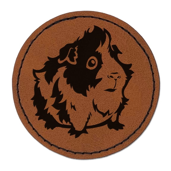 Cute and Hairy Abyssinian Guinea Pig 2.5" Faux Leather Round Engraved Iron-On Patch - Brown