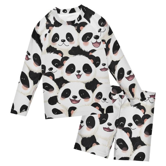 Cute and Happy Panda Pattern Boys' Bathing Suit UPF 50+ Boys' Rash Guard Sets Stretchy Quick Dry 3T-10T