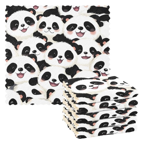 Cute and Happy Panda Pattern Dish Towels 6 Pack Kitchen Cleaning Dish Cloths Absorbent Reuseable Cleaning Cloths 11'' x 11''