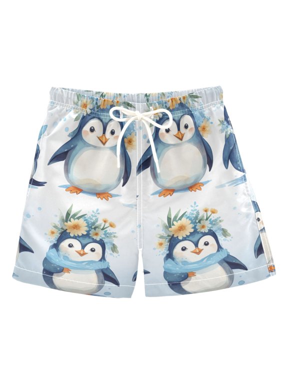 Cute and Happy Penguins Boys Swim Trunks Quick Dry Boy Swim Shorts for 3-14 Years