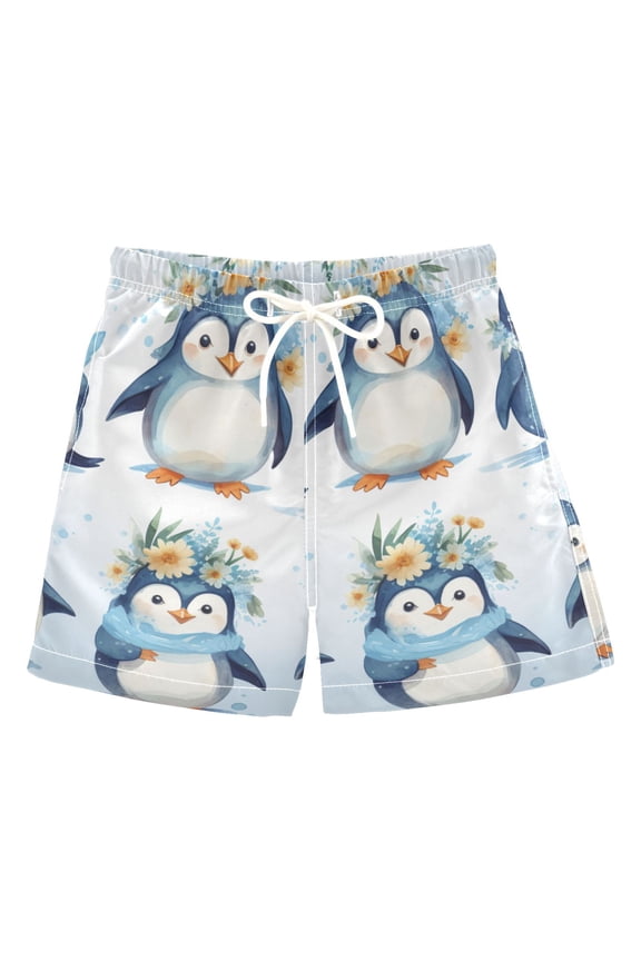 Cute and Happy Penguins Boys Swim Trunks Quick Dry Boy Swim Shorts for 3-14 Years