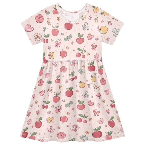 Cute and Simple Pink Fruit Short Sleeve Dress A-Line Cute Midi Casual Sundress 2-8 Years