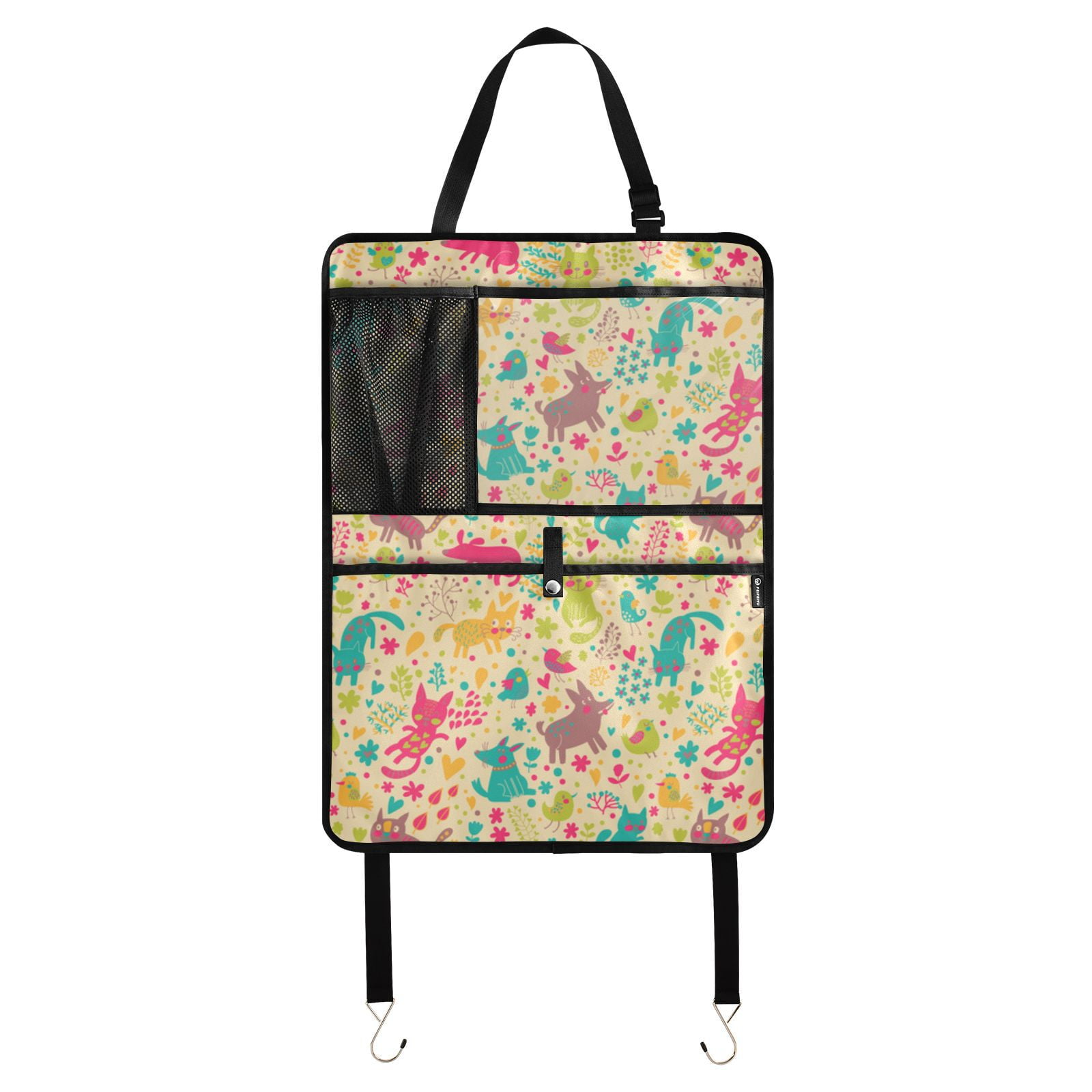 Cute animal floral pattern Back Seat Cover + Pocket Storage Organizer, 99 Pack Multifunctional Kick Mats Backseat Protector
