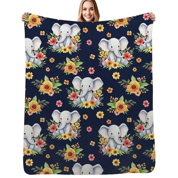 Cute baby elephants floral navy print Flannel Blankets Soft Warm Throw Blanket Autumn Camping Bedroom Aesthetic Bedspread
