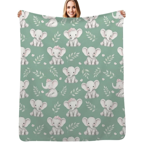 Cute baby elephants green background pattern Soft Blanket Travel Bedding Throws Flannel Bedspread Sofa Bed Cover