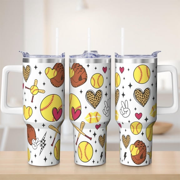 Cute baseball tumbler 40 oz tumbler with handle and straw 304 stainless steel travel cup coffee mug water bottle suitable as a gifts for women mom gifts gift for baseball lovers