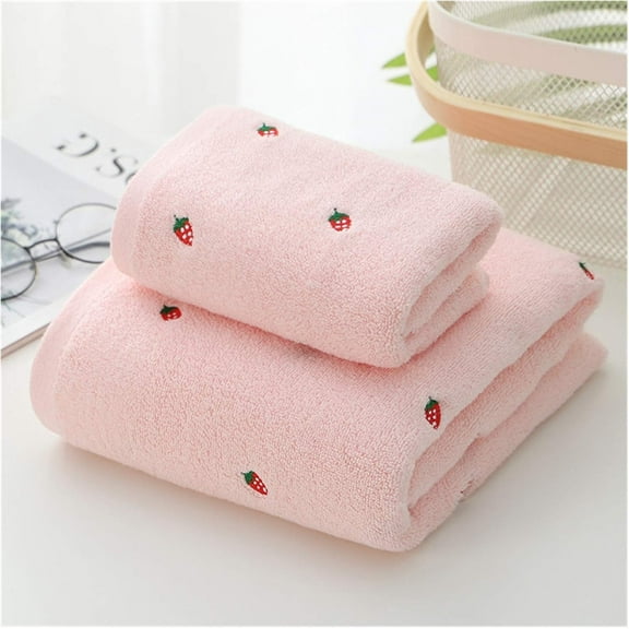 Cute bath towel New strawberry embroidered designer towel set cotton bath towel Ladies cute towel (Color : Pink, Size : 2pcs towel set) Pink 2pcs towel set