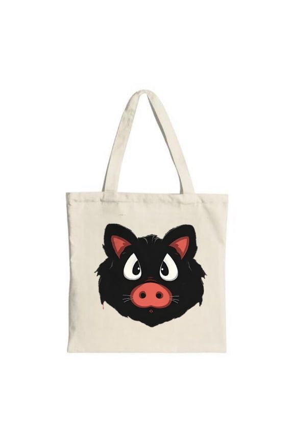 Cute black and red cartoon pig face tote bag with large eyes and pink nose perfect for shopping parties and travel