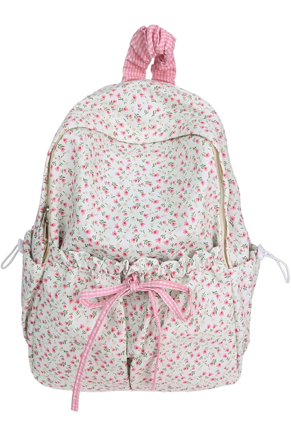 Cute bow backpack for women, cute floral pattern backpack, college-style school bag, fashionable laptop backpack.
