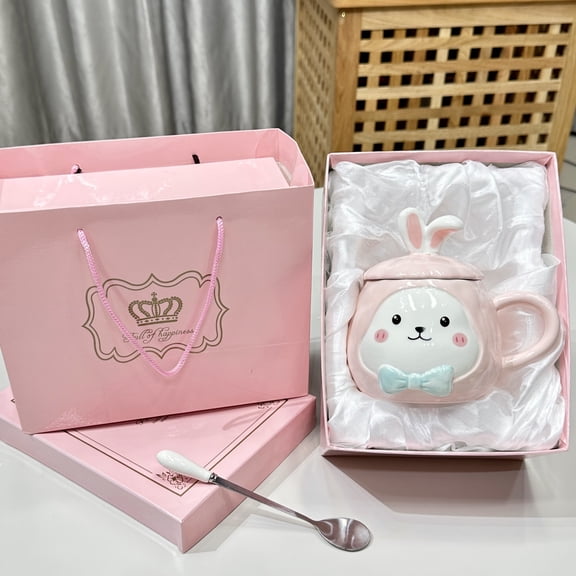 Cute bow bunny ceramic mug, 450ml, with lid and spoon, large-caliber design.