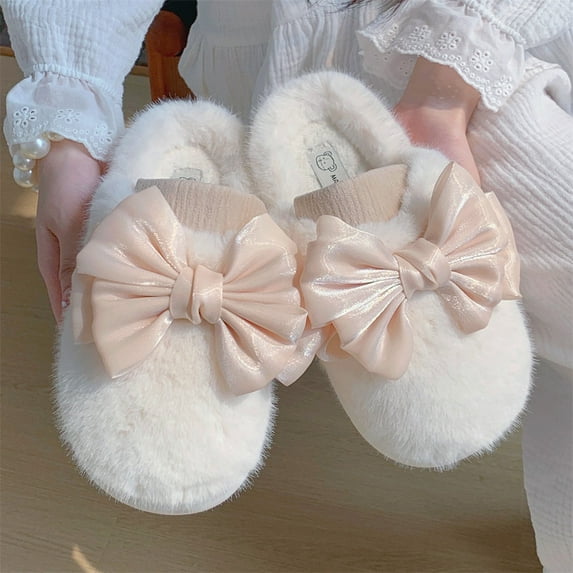 Cute bow plush warm cotton shoes indoor home leisure comfortable winter cotton slippers women (white,40-41)