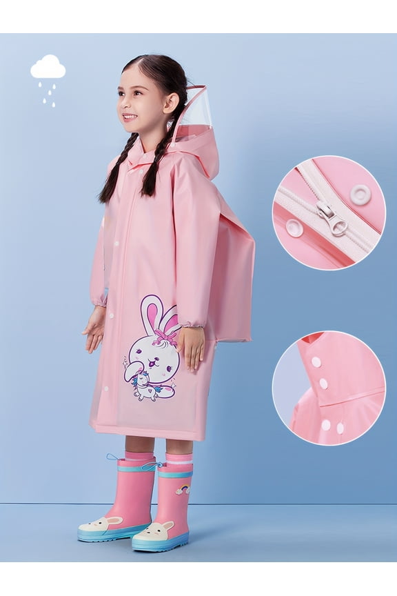 Cute bunny hooded raincoat for girls with backpack pockets | Pink, high-quality all-season jacket, loose long sleeves, suitable for outdoor play, parties and casual wear.