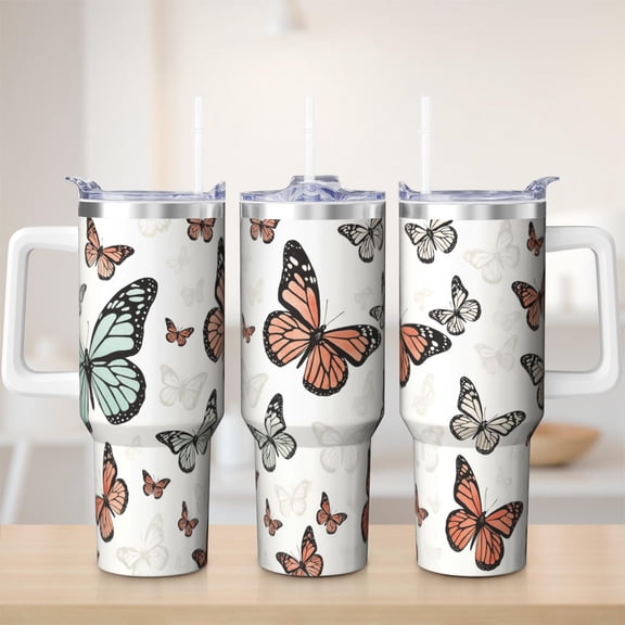 Cute butterfly tumbler 40 oz tumbler with handle and straw 304 stainless steel travel cup coffee mug water bottle suitable as a gifts for women mom gifts gift for butterfly lovers