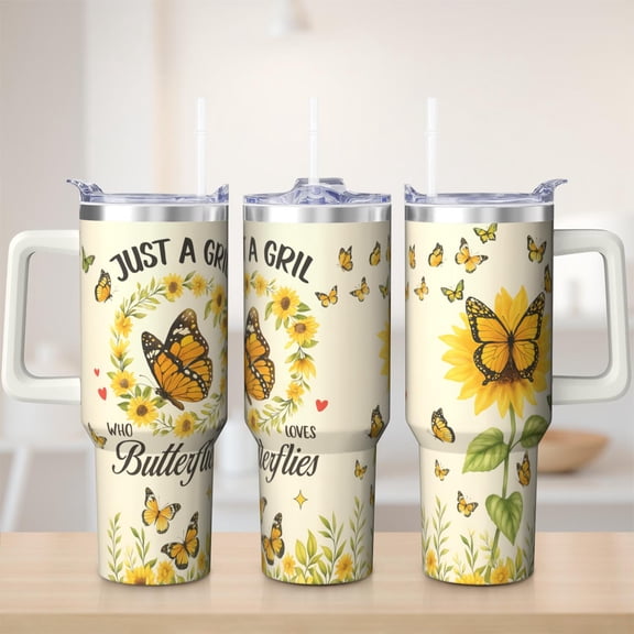 Cute butterfly tumbler 40 oz tumbler with handle and straw 304 stainless steel travel cup coffee mug water bottle suitable as a gifts for women mom gifts gift for butterfly lovers