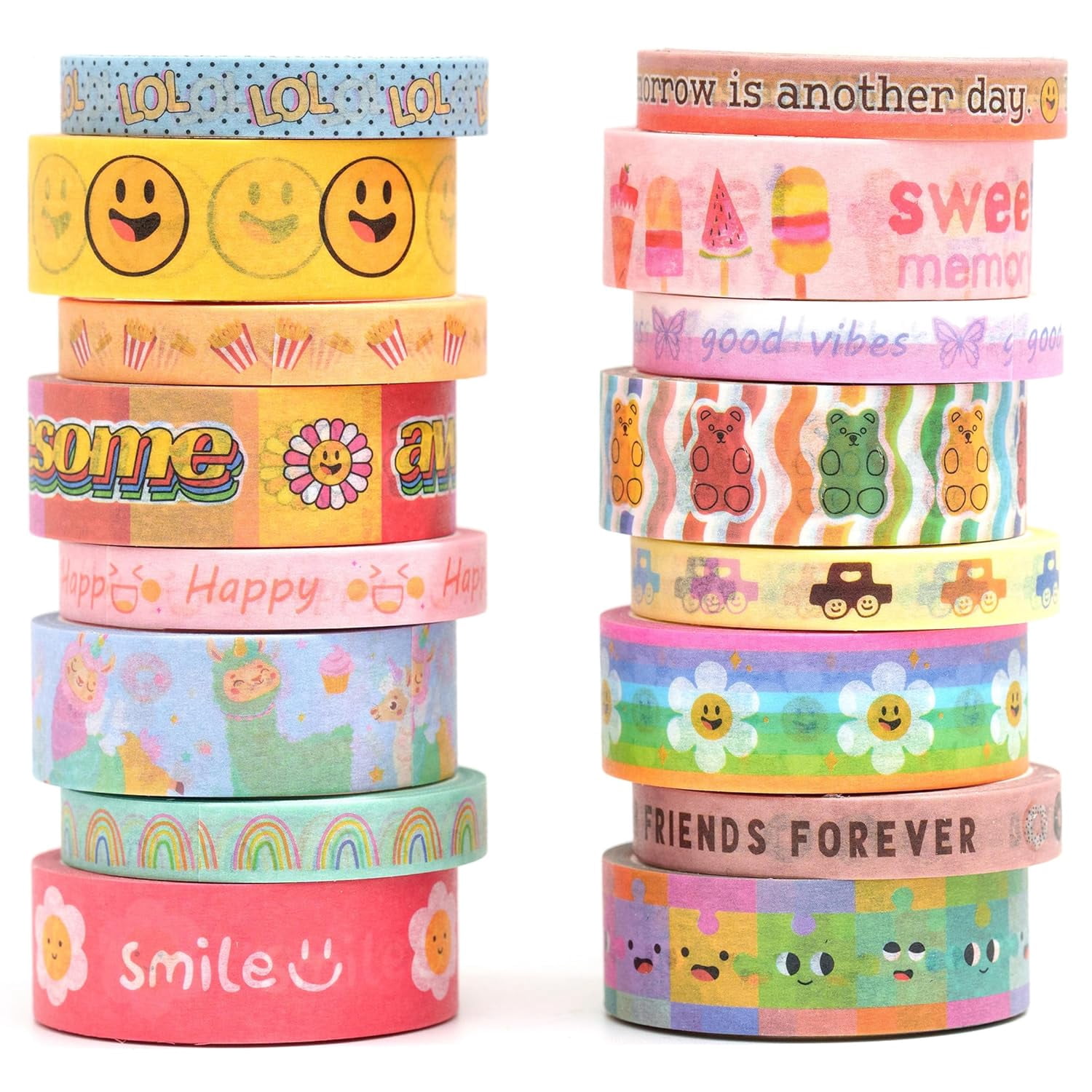 Cute cartoon Japanese style tape set, 16 rolls bright colors, kawaii masking pattern decorative tape, suitable for art, crafts, diaries, planners, scrapbooks, packaging