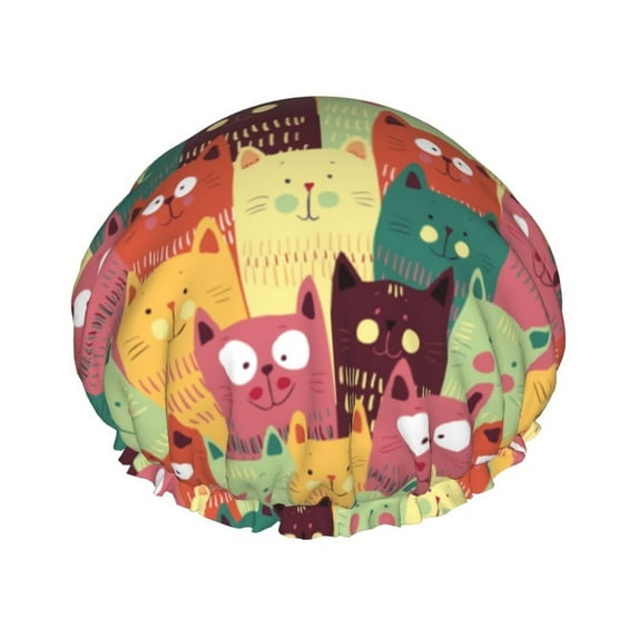 Cute cartoon cat Shower Cap, Reusable Bath Hair Hat for all Hair Lengths Hair Cover with Elastic Band Double Waterproof Layers Bathing Hat