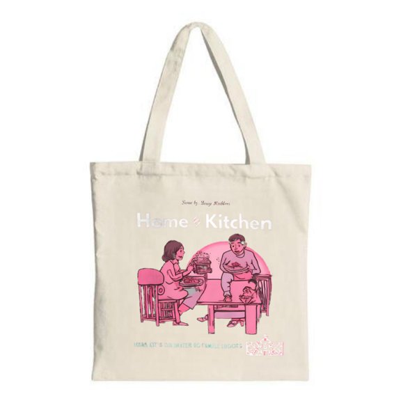 Cute cartoon characters at a table on a pink background featuring ' Home + Kitchen ' and ' Love by Tiny Builders ' text Perfect tote for shopping
