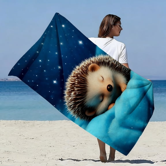 Cute cartoon hedgehog style oversized soft beach towel, dream starry sky printing pattern, microfiber bath towel, fast drying, super absorbent, suitable for seaside vacations, pool parties,