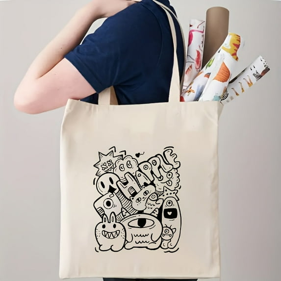 Cute cartoon pattern canvas large capacity bag, portable environmentally friendly shopping bag, gift bag
