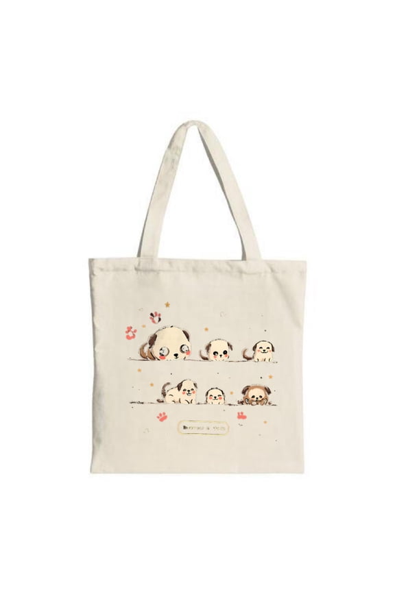 Cute cartoon puppies in two rows with a large puppy lying down and smaller ones standing adorned with stars