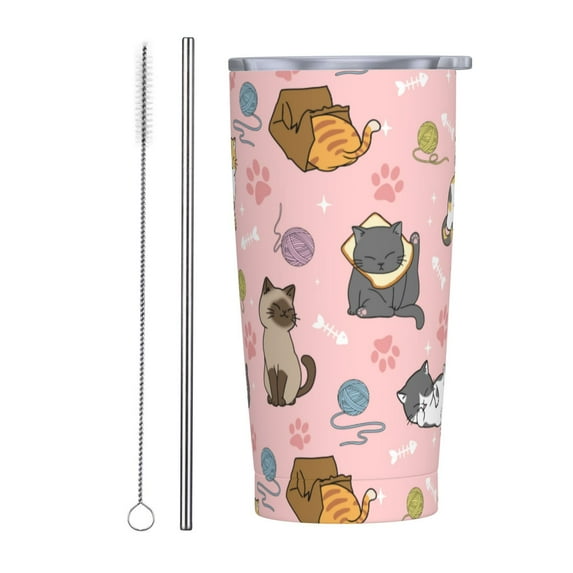 Cute cat 20oz Stainless Steel Tumbler with Lid & Straw - Double-Walled Insulated Travel Mug for Coffee, Tea, Water, Wine - Perfect Gift for Women