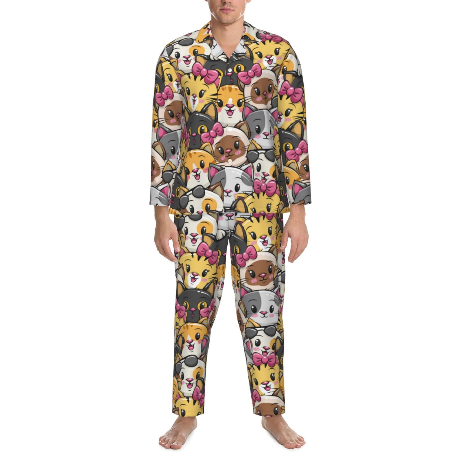 Cute cat C Mens Pajamas Set, Soft Men's Sleepwear Comfy Loungewear 2