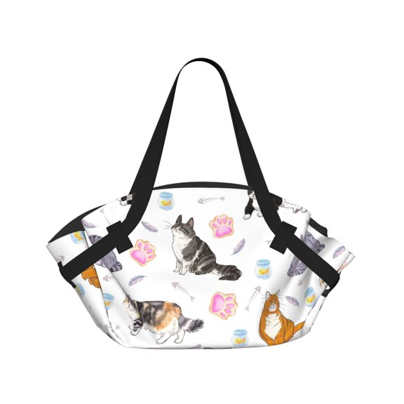 Cute cat Circular Beach Blanket Picnic Mat for 2 – Foldable into Tote Bag, Waterproof Sandproof Portable Outdoor Rug with Pockets & Snaps for Camping, Travel, Park