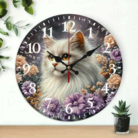 Cute cat Round Wooden Wall Clock for Home Decor Wall hanging decor, Battery Operated (AA Not Included) Perfect for Living Room, Dorm, Bedroom, Kitchen, Home Office & More, Wall Clock Living Room