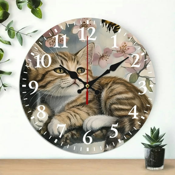 Cute cat Wall Clock Wall hanging decor, Battery Operated (AA Not Included) Perfect for Living Room, Dorm, Bedroom, Kitchen, Home Office & More, Wall Clock Living Room