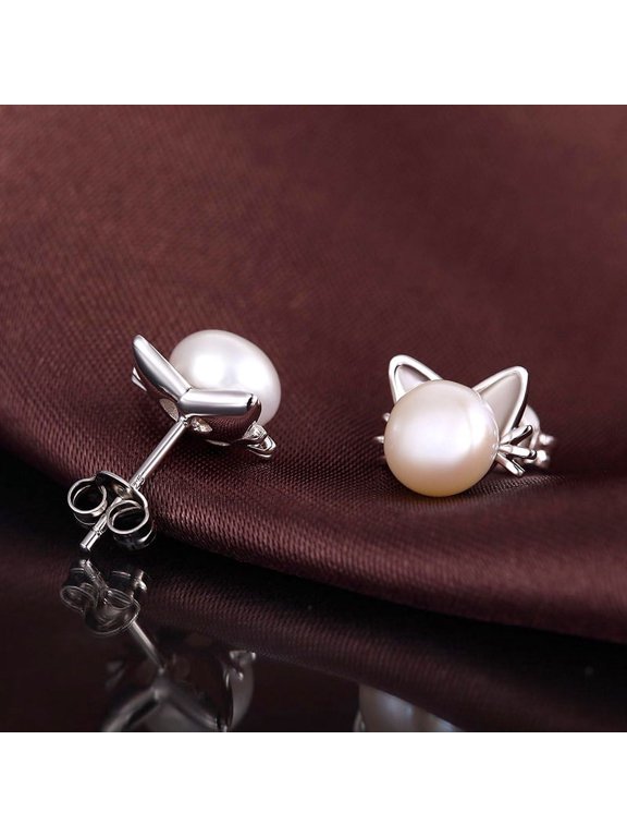 Cute cat earrings for women, stylish and imitation pearl studs, white K alloy plated, anti-allergic ear needles, suitable for people over 15 years old, suitable for parties and gifts,Silver
