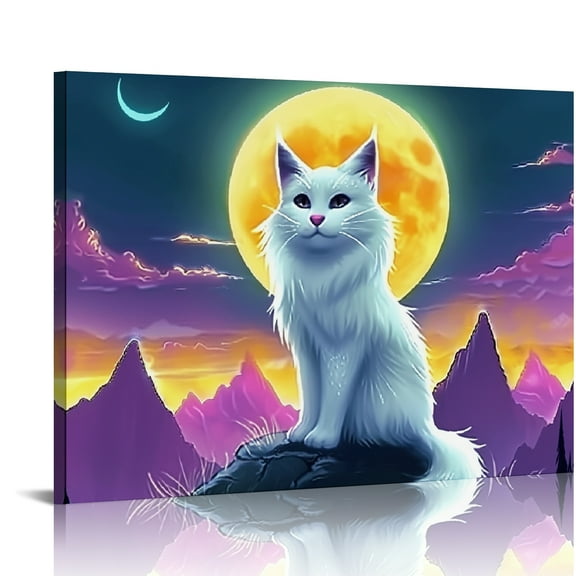 Cute cat moon mountains Canvas Print Wall Decorations Canvas Canvas Prints Wall Art, Canvas Wall Art Ready To Hang Room Home Art Decor
