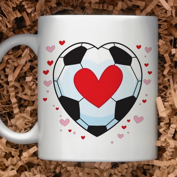 Cute ccer Themed Cup; ball graphic with hear in black, white & red, perfect gift ccer parent, mom, or anyone who loves the sport.