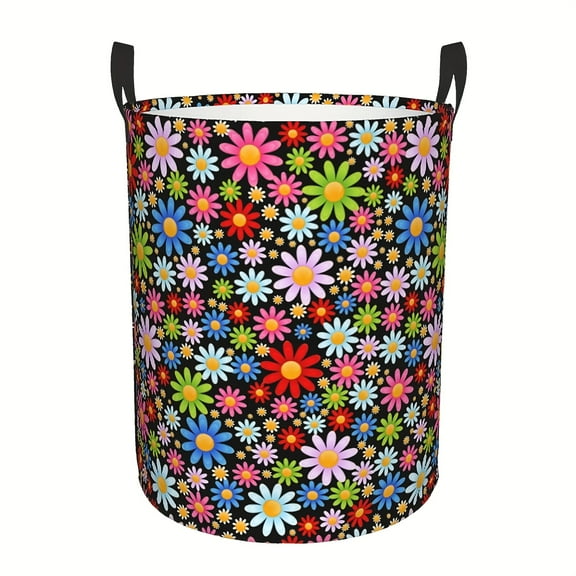 Cute colorful flower-shaped laundry basket - Foldable round storage basket, sturdy handle, durable Oxford fabric material, 19.6"x15.7", suitable for bedrooms, bathrooms, laundry rooms