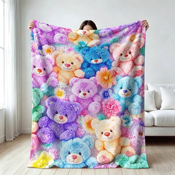 Cute colorful teddy bear blanket for girls,Soft Flannel Throw Blanket, gift for Birthday, Children's Day, Valentine's Day, Christmas, holiday, Anniversary, Four seasons universal