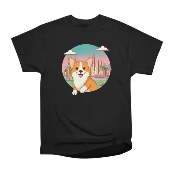 Cute corgi against the backdrop of a sunset city T-Shirt Tee Gift For ...
