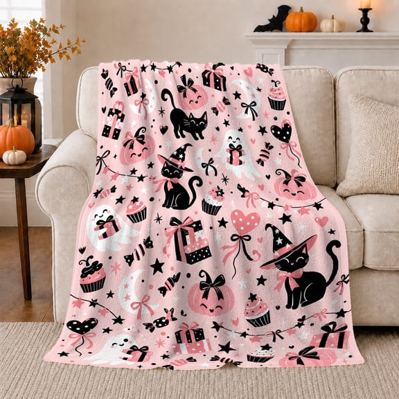 Cute decorative motif Cats Pumpkins Kawaii, Playful Food Art Scene, Warm Flannel Blanket for Kitchen and Dining Room with Detailed Artwork, Cat Lovers autumn celebration Gift, Pet Lover Home Decor