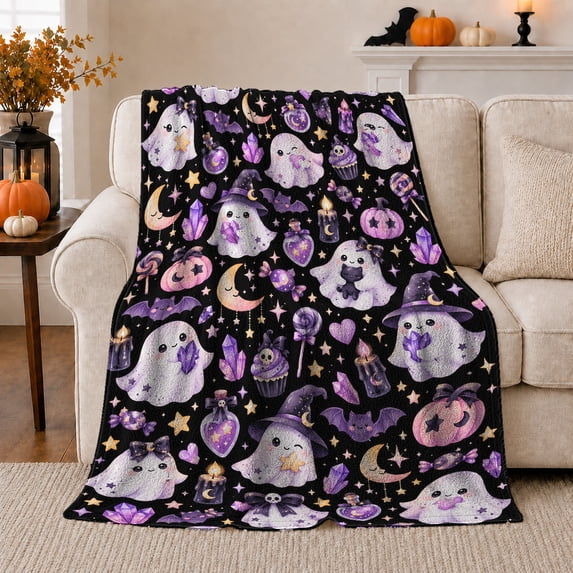 Cute decorative motif Magic Ghosts Bats Pattern, Playful autumn celebration Scene, Soft Flannel Blanket for Home Library and Reading Nook, Art Lovers autumn celebration Gift, Playful Home Decor