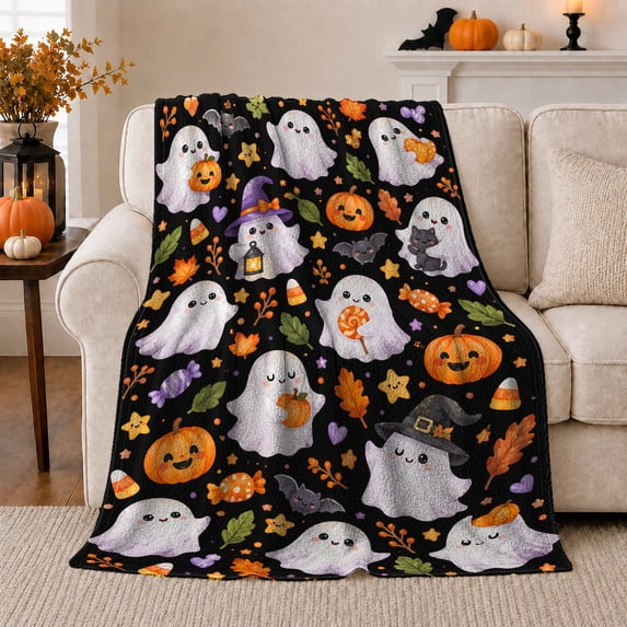 Cute decorative motif Pumpkin Watercolor Illustration, Festive autumn celebration Scene, Warm Flannel Blanket for Living Room and Reading Nook, Art Lovers autumn celebration Gift, Festive Home Decor