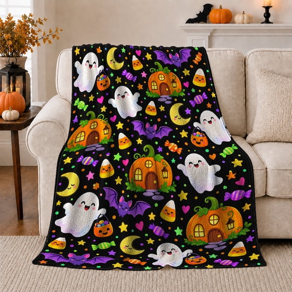 Cute decorative motif autumn celebration decorative motif Ghosts Trick-Or-Treat Buckets Pumpkin, Warm Flannel Blanket for Living Room and Family Room, Festive autumn celebration Scene